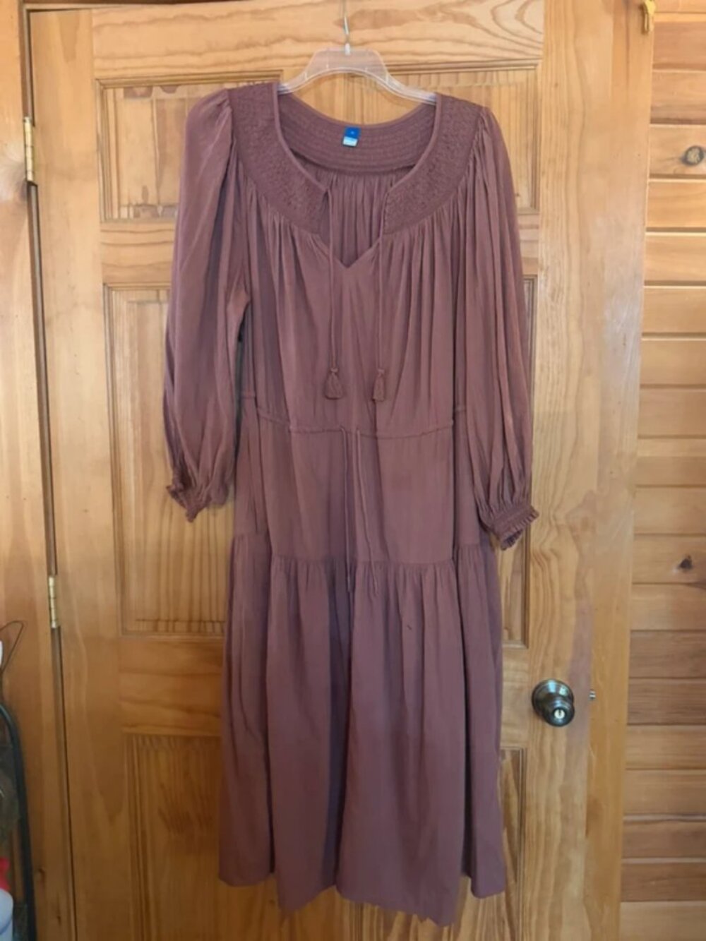 Old Navy Women’s 2X Boho Peasant Midi Dress Mauve Brown Smocked Tassel Long Slee
